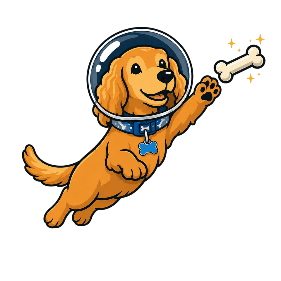 Astronaut dog floating in space with a bone